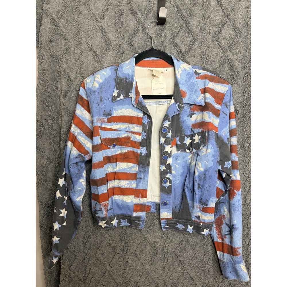 Frankie D Vintage 1990s Denim American Flag Jacket Size Small Silver Glitter S